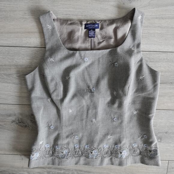 Vintage 90s Ann Taylor Grey Square Neck Floral Embroidered Sleeveless Blouse - Picture 1 of 7